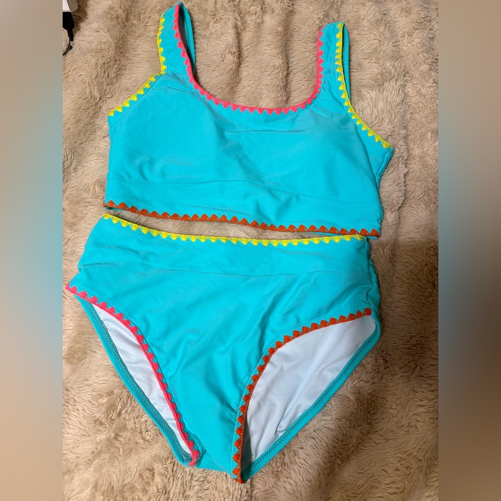 Kids Two-Piece Turquoise Swimsuit with Pink & Yellow Trim